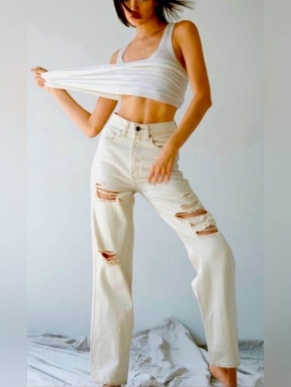 BDG Urban Outfitters 100%Cotton High-Rise Baggy Ripped Distressed Jeans Cream 27
